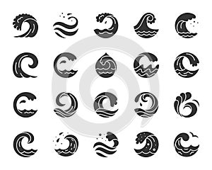 Water wave black silhouette icons vector set