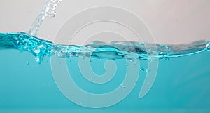 Water wave blue splash background isolated, motion liquid shape stream curve, bubbles to clean drinking water purity and freshness