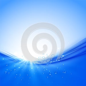 Water wave and bubbles with sun rays background