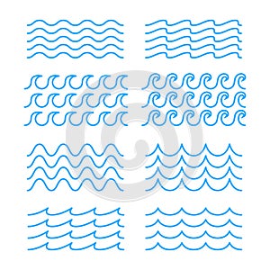 Water wave line icon set. Curled ocean, sea waves. Aqua splash form. Blue wavy liquid shapes. Editable stroke. vector illustration