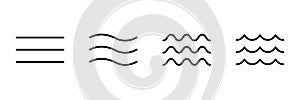 Water wave, line icon set. Sea, river, ocean, swimming pool symbol. Calm, still and rough water. Wavy element. Vector