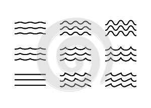 Water wave, line icon set. Sea, river, ocean, swimming pool symbol. Calm, still and rough water. Wavy element. Vector