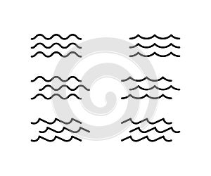 Water wave, line icon set. Sea, river, ocean, swimming pool symbol. Calm, still and rough water. Wavy element. Vector