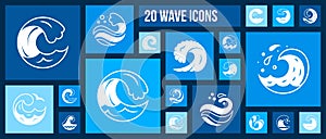 Water Wave sea splash shape white icon vector set