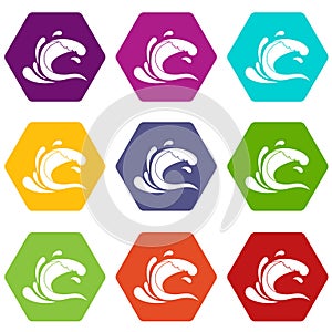 Water wave splash icon set color hexahedron