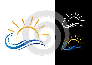 Water wave and sun logo, Sea wave, Ocean beach logo Template vector