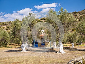 Water waves beautiful sea view orthodox church. Natural living. Pelion peninsula. Pagasetic gulf. Platanias village. Greece.