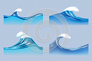 Water waves. Realistic liquid splashes of ocean or sea waves surfaces vector templates