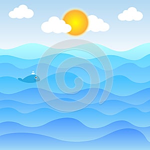 Water waves and sun with clouds and cute little fish