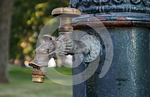 Water well in the park in summer, pumping system, close-up and side view of a beautiful metal bronze faucet. Part of an old iron