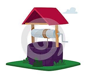 Water Well with Rotating Handle, Bucket on Rope, Wooden Roof and Brick Fencing Isolated on White Background