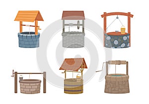 Water well set. Rustic stone and wood design with bucket and protective cover old traditional drinking water lift must