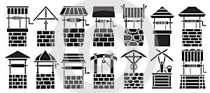 Water well vector black set icon.Vector illustration wooden and stones wellspring on white background . Isolated black photo