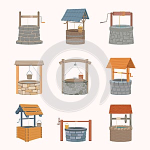 Water wells retro set. Antique stone wells faced marble coolness rustic wooden wells bucket on rope medieval with solid