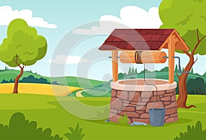 Water wells. Stone decorated peasant wells with a bucket for water extraction on the background of nature. Vector