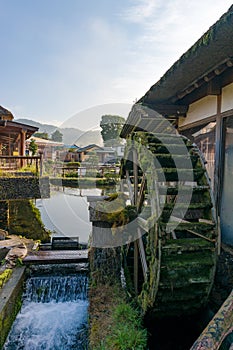 Water wheel in Japanese historic Oshino Hakkai village. Japan