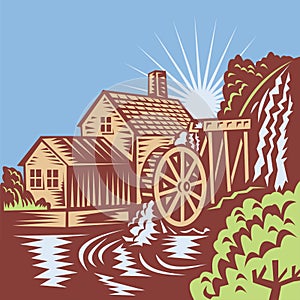 Water Wheel Mill House Retro