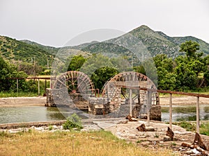 Water wheels on river Trebisnjica angle view