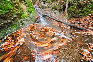 Water whirl in creek in Turovska roklina gorge during autumn in Kremnicke vrchy mountains