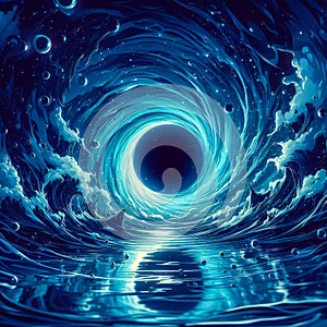 Water whirlwind, water circle forming a portal. Water splash with beautiful blue light