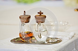 Water and wine on the altar ready for mass