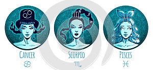 Water zodiac set, beautiful girls, Cancer, Scoprio, Pisces, horoscope symbol, star sign, vector illustration