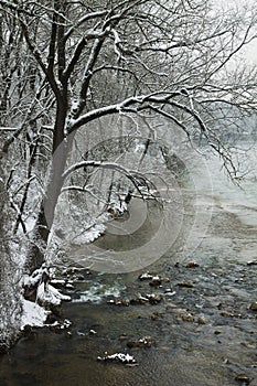 Waterbank of Isar river covered by snow