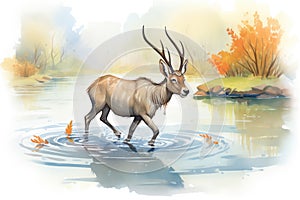 a waterbuck crossing the river bravely