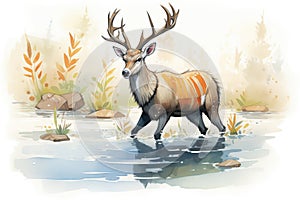 a waterbuck crossing the river bravely