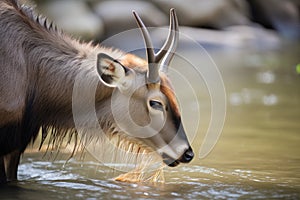 waterbuck snorting water by riverbank photo