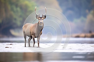 waterbuck standing still in river mist