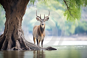 waterbuck standing under riverine tree shade