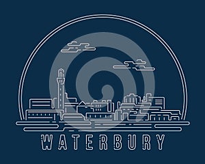 Waterbury, Connecticut - Cityscape with white abstract line corner curve modern style on dark blue background, building skyline
