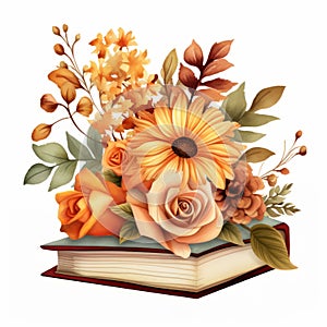 Watercolo book with autumn flowers and leaves isolated on white background.