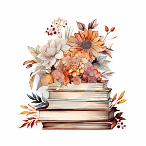 Watercolo Pile of books with autumn flowers and leaves isolated on white background.