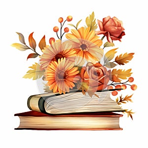 Watercolo Pile of books with autumn flowers and leaves isolated on white background.