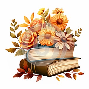 Watercolo Pile of books with autumn flowers and leaves isolated on white background.