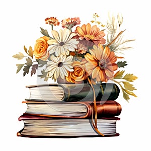 Watercolo Pile of books with autumn flowers and leaves isolated on white background.