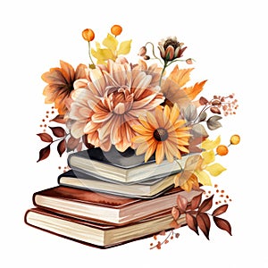 Watercolo Pile of books with autumn flowers and leaves isolated on white background.