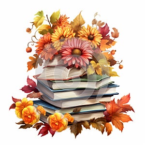 Watercolo Stacked Books with flowers and leaves isolated on white background