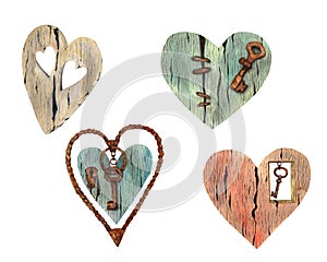 Watercololr hearts, old wooden texture and rusty keys, hand draw elements for St Valentine\'s Day, rustic wedding decor