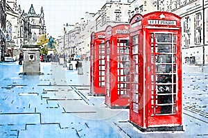 Watercolor of 3 red phone boxes in a street