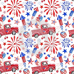 Watercolor 4th of July concept seamless pattern with hand painted red, white, blue fireworks,stars, balloons, truck.