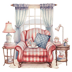 Watercolor 4th of July Independence Day Cozy Home Decoration with Sofa and Window Corner Illustration Clipart