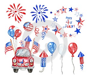 Watercolor 4th of July patriotic car. Hand painted red car with US flags, red, white and blue balloons and fireworks, isolated.