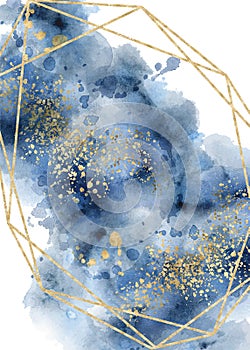 Watercolor abstract aquamarine, background, watercolour blue and gold texture Vector illustration