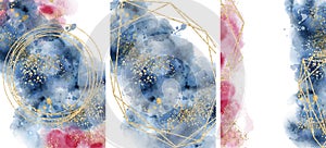 Watercolor abstract aquamarine, background, watercolour blue, pink and gold texture Vector illustration