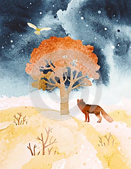 Watercolor abstract autumn vector landscape. Tree, owl and fox under night sky wiht stars. Design for print, poster, postcard, photo