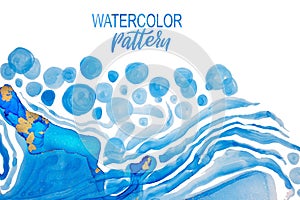Watercolor Abstract Background with Blue and Gold Bubbles, Waves and Dots. Design Template for Greeting Card.