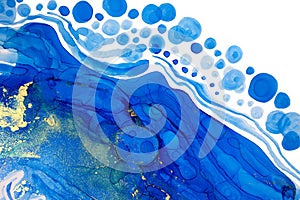 Watercolor Abstract Background with Blue and Gold Bubbles, Waves and Dots. Design Template for Greeting Card.